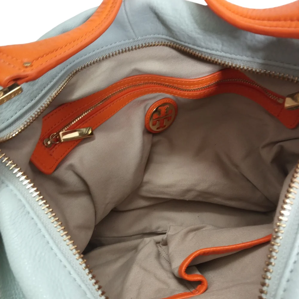 Tory Burch Powder Blue Leather Hobo Bag Orange Trim Logo Lock Shoulder